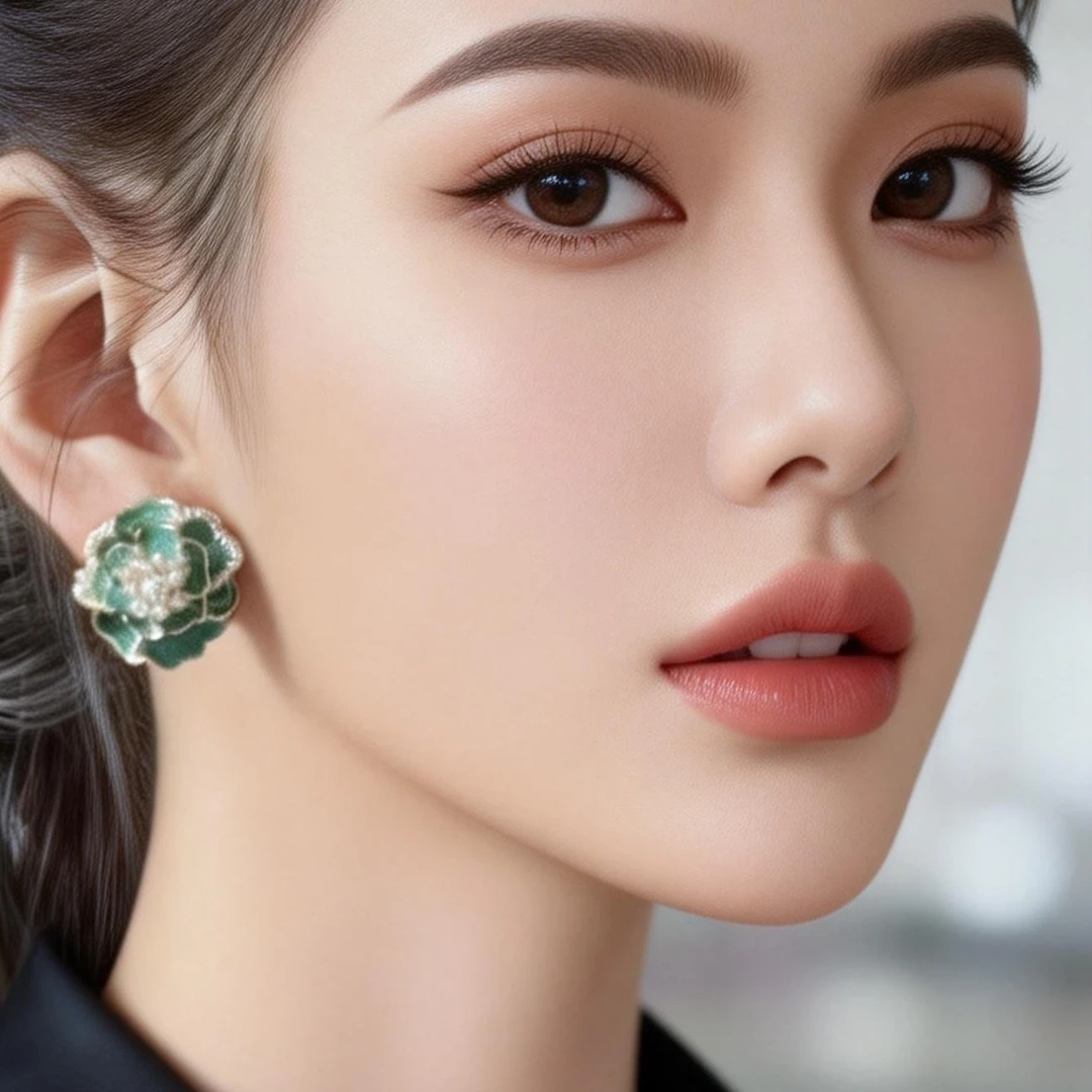合金珐琅耳饰 山茶花耳饰 法式轻奢风绿色茶系女精致温柔耳钉