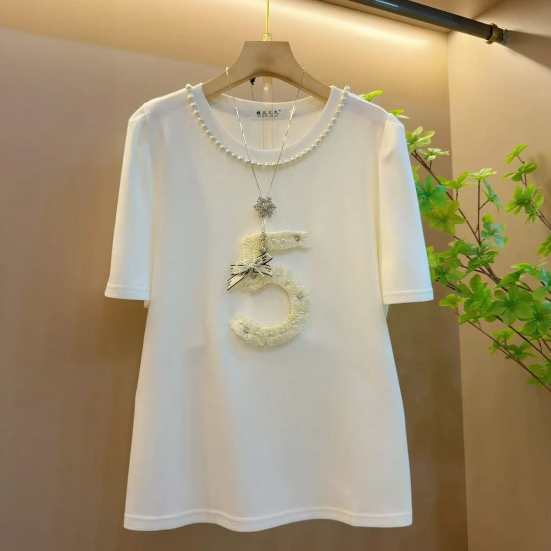 大码短袖T恤重工钉珠数字时尚休闲打底上衣（长65左右）