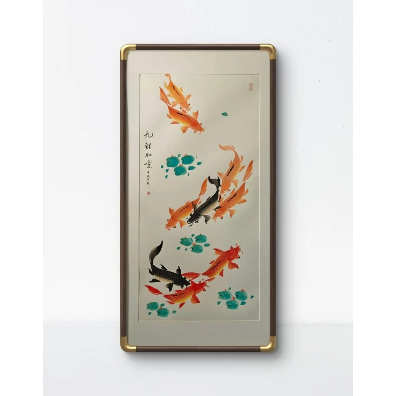 念琦 手绘 带框《九鲤》尺寸：60*120CM客厅餐厅艺术传承宣纸