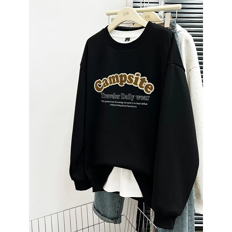 冬季新款韩版宽松复古休闲字母印花显瘦设计感加绒圆领卫衣上衣女