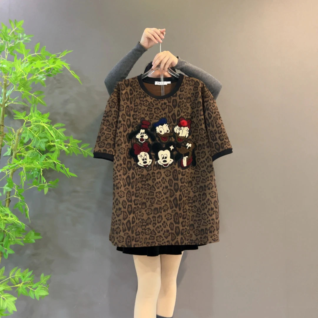 9611欧货新款米奇豹纹大码短袖T恤宽松中长款慵懒风字母显瘦