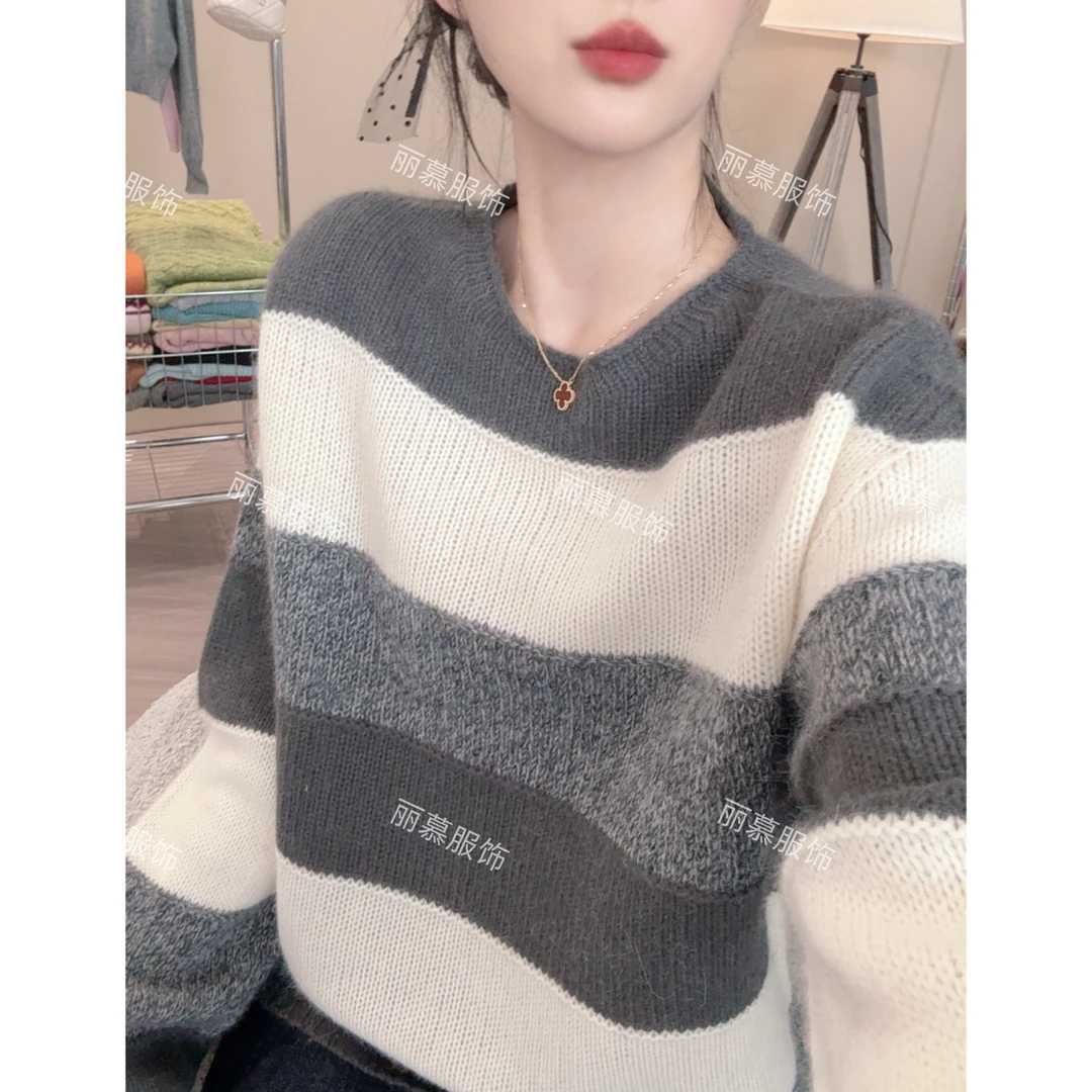 【渐变色条纹】秋季新款渐变色条纹慵懒风宽松圆领显瘦针织衫9016