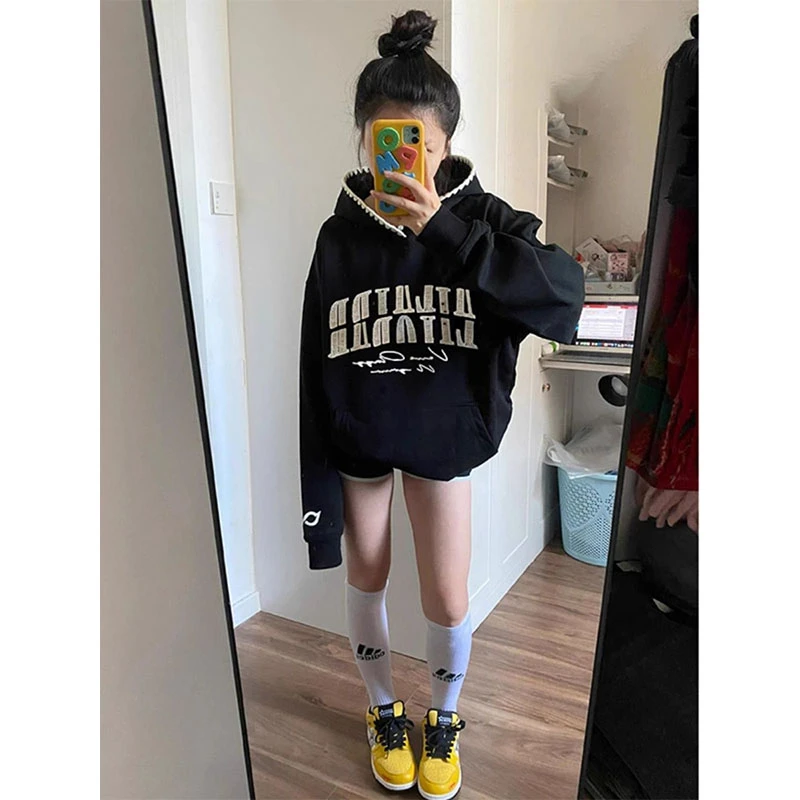 美式设计感字母贴布绣黑色连帽卫衣女春秋冬加绒加厚宽松外套上衣