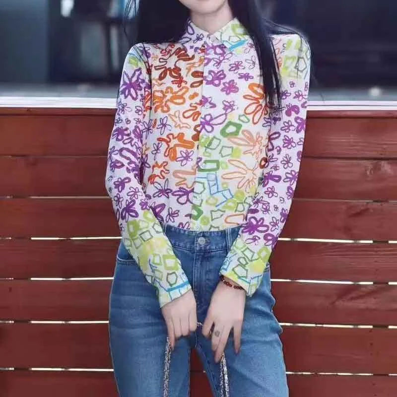【商场同款】2025新款多巴胺趣味彩色上衣修身长袖网纱显瘦衬衫女