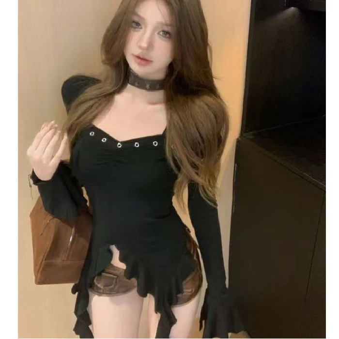 秋季辣妹性感百搭方领露锁骨不规则长袖T恤纯欲风修身显瘦上衣ins