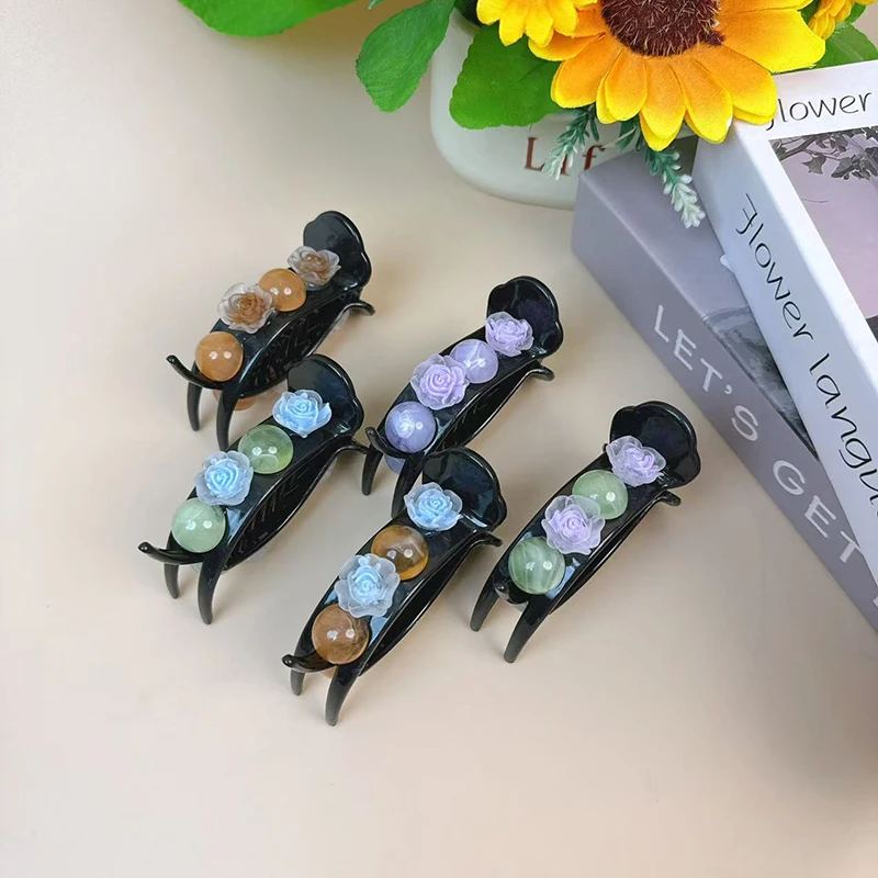 2025新款气质花朵珠珠丸子头抓夹发夹后脑勺盘发鸭嘴夹发饰