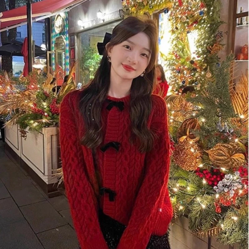 过年红色新年漂亮别致蝴蝶结开衫毛衣女外套秋冬2024新款时尚洋气