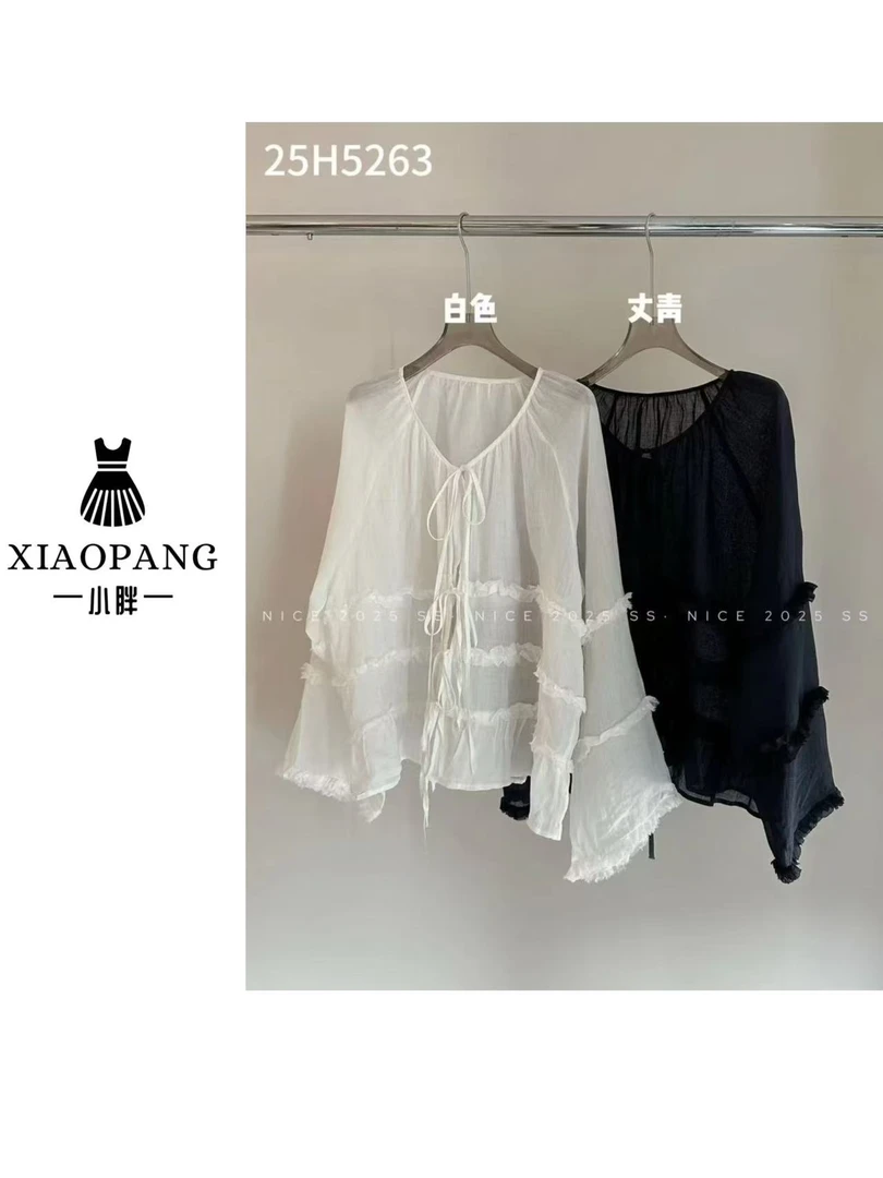 【小胖家】5263法式花边拼接系带长袖衬衫