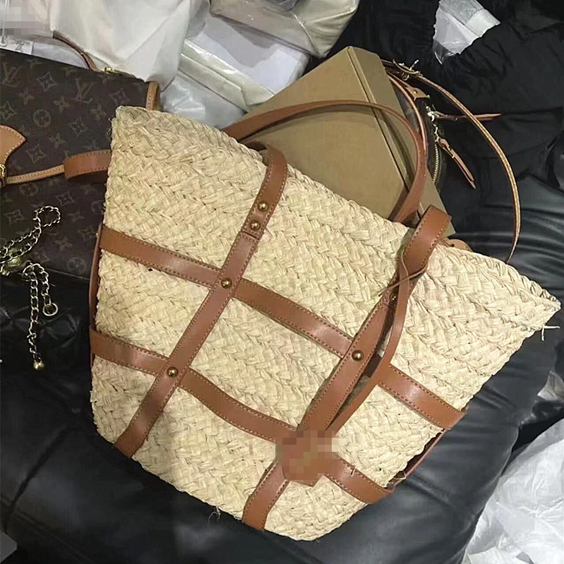 不掉色双根挂钩街头潮流单肩拉菲草拼色肩包波士顿电脑包包包女款