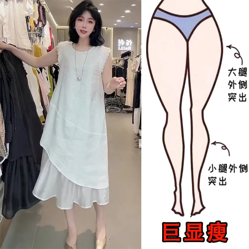 2025夏季薄款大码女装设计感蕾丝肩侧扣下摆连衣麻裙洋气减龄长裙