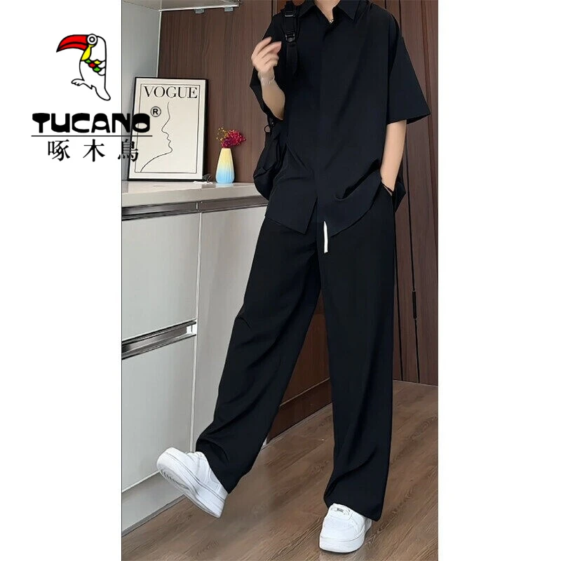 啄木鸟爆款纯色冰丝凉感条形休闲裤两件套男大码短袖衬衣2025新款