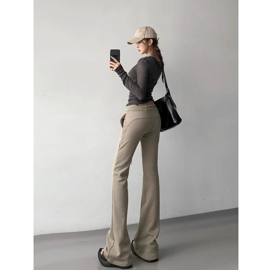 美式复古休闲加绒微喇叭裤女秋冬辣妹卫裤hiphop低腰运动瑜伽裤潮