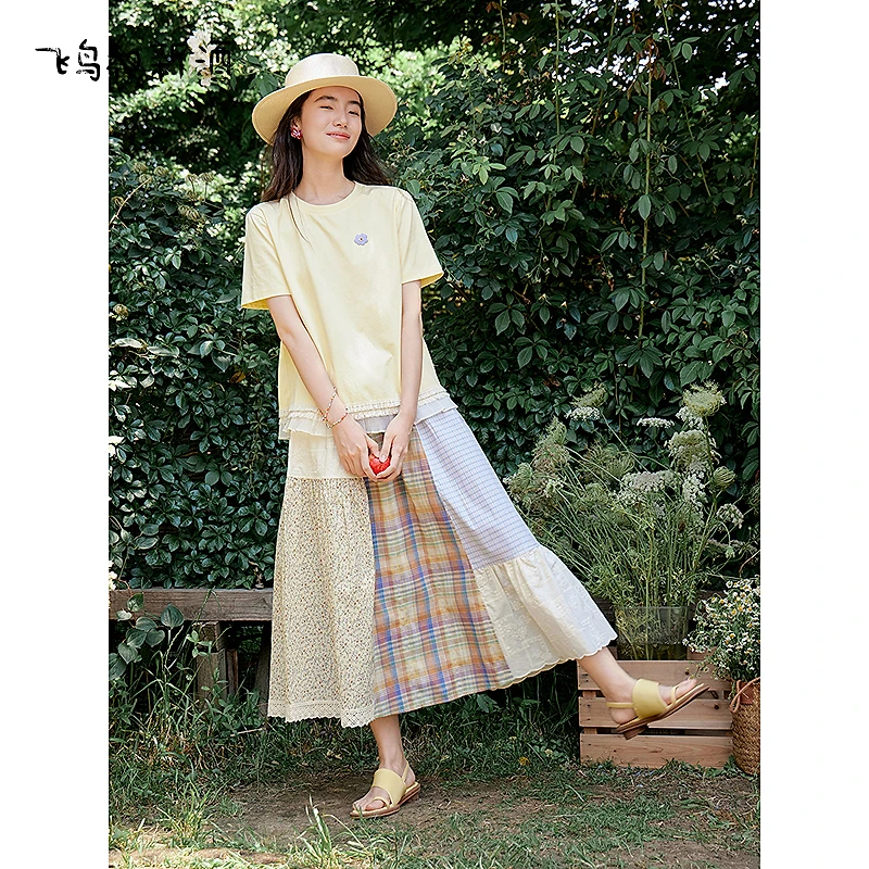 飞鸟和新酒拼接高腰格纹印花半身裙女夏季时尚腰裙伞裙FD53172033