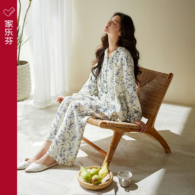 家乐芬睡衣女士春秋季梭织棉长袖薄款纯棉纱布家居服休闲开衫套装