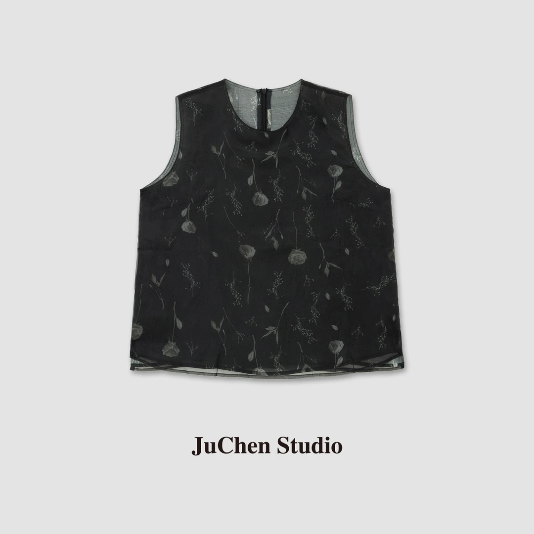 夏季法式优雅晕染玫瑰双层面纱无袖背心上衣 SS106002-16