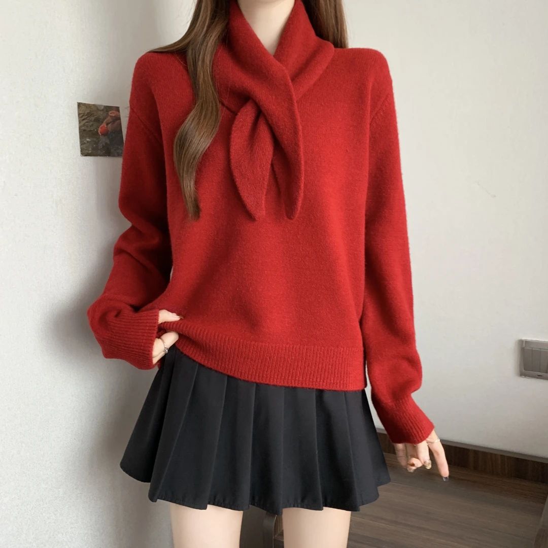 2025春秋冬韩系气质套头毛衣温柔风软糯高级感宽松上衣红色针织衫