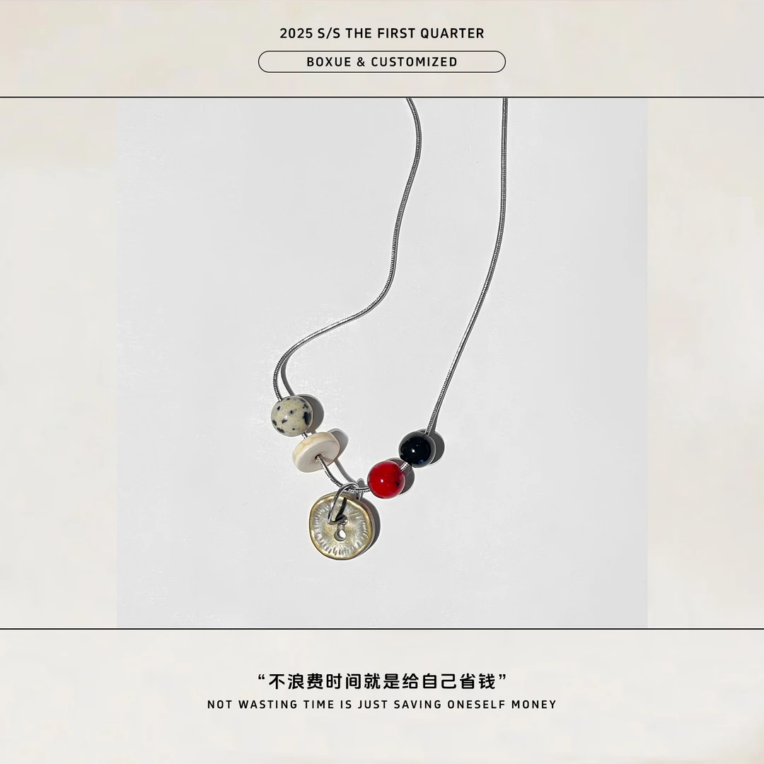 非金属涤纶项链 复古做旧风纽扣斑点串珠蛇骨 项链#250402S111