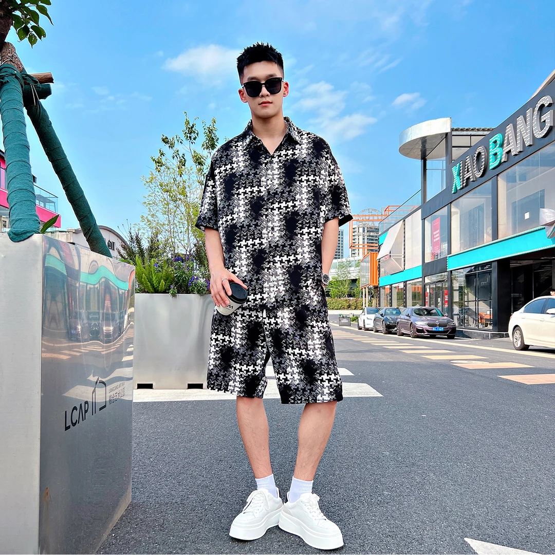 男士夏装套装2025新款痞帅衬衫短裤两件套夏季潮牌男装搭配一整套