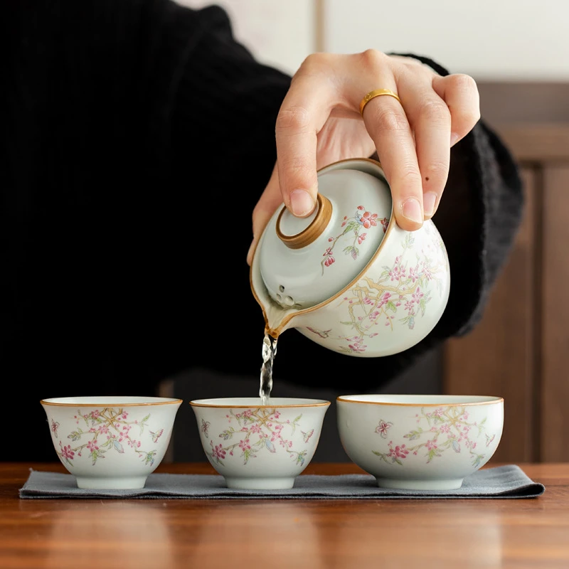 168汝窑旅行茶具套装户外露营便携快客杯一壶三杯功夫茶具可开片