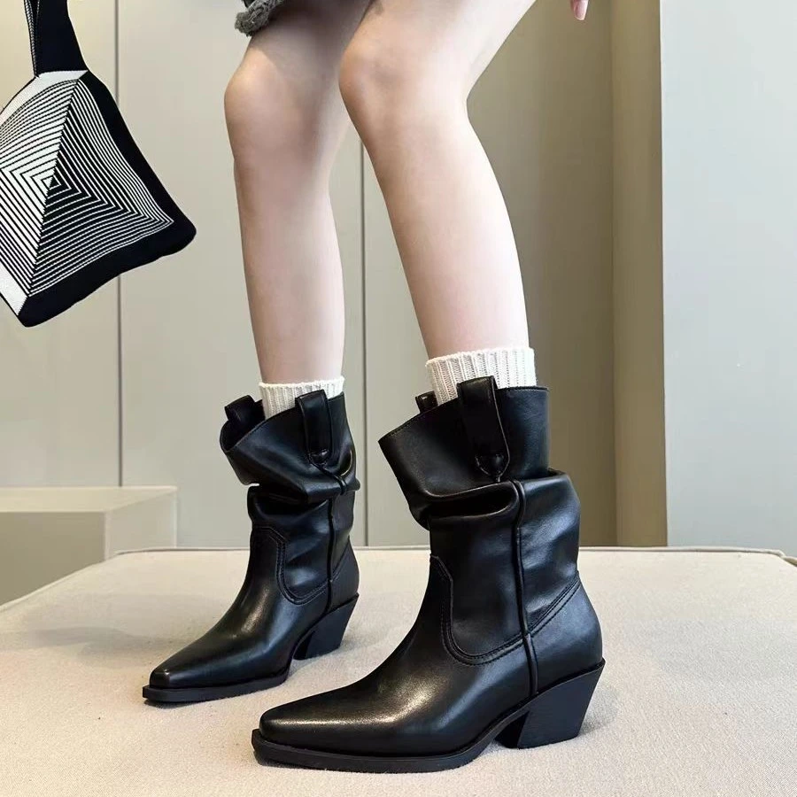 2025新款内增高秋冬显瘦粗跟短靴女新款堆堆靴西部牛仔靴马丁靴