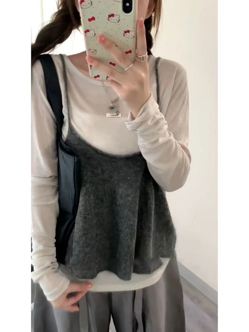 韩系甜美叠穿修身微透内搭长袖上衣➕针织背心➕灯笼裤一整套