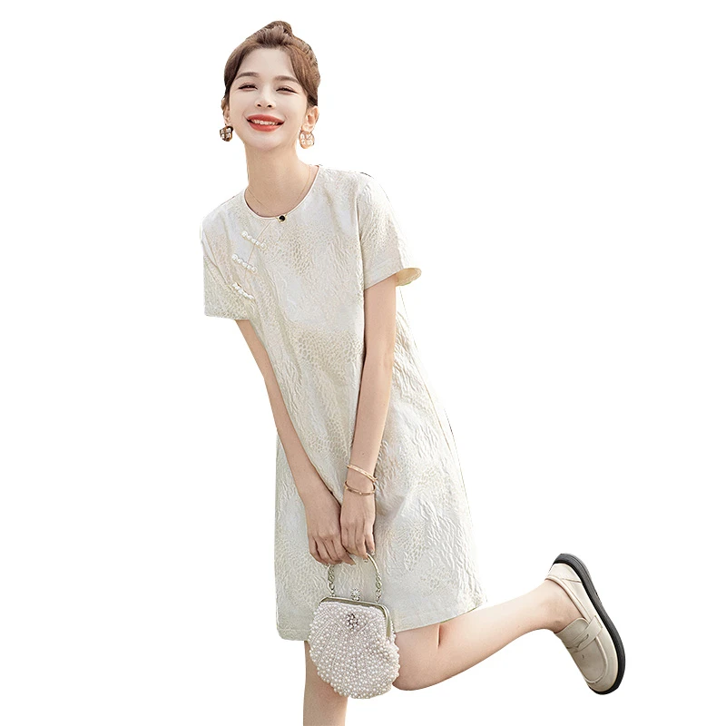 丝柏舍2025夏季新款女装时尚国风圆领短袖新中式连衣裙S51B1136L