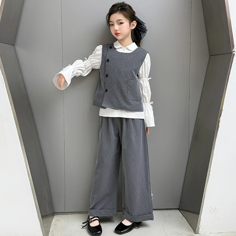 女童春装套装2025新款女孩开春洋气时髦蝴蝶结马甲衬衫裤子三件套