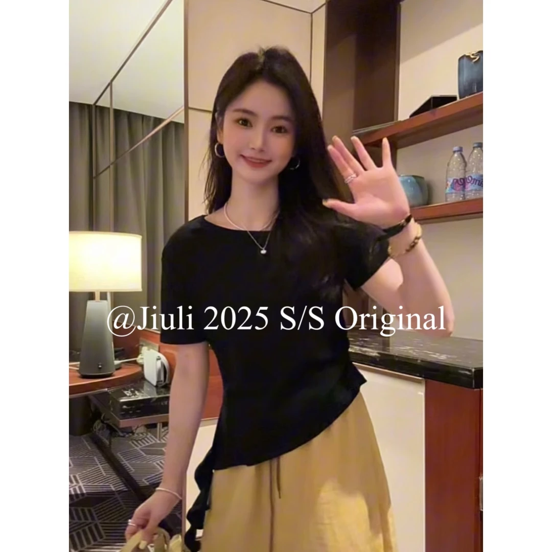 *九莉【微风T】夏季设计感斜肩显瘦短袖T恤