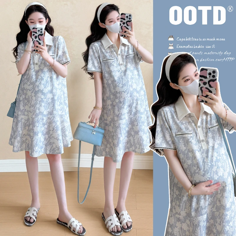 孕妇装夏季新款韩版蕾丝小个子显瘦连衣裙女裙子气质复古碎花裙子