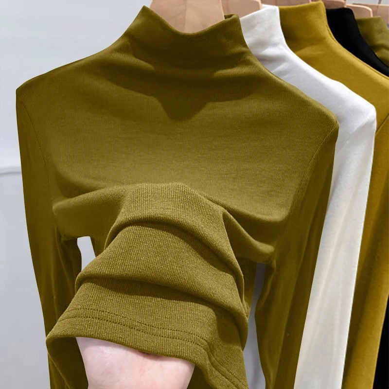 克螺纹半高领打底衫女新款春秋冬时尚长袖恤修身德绒内搭上衣