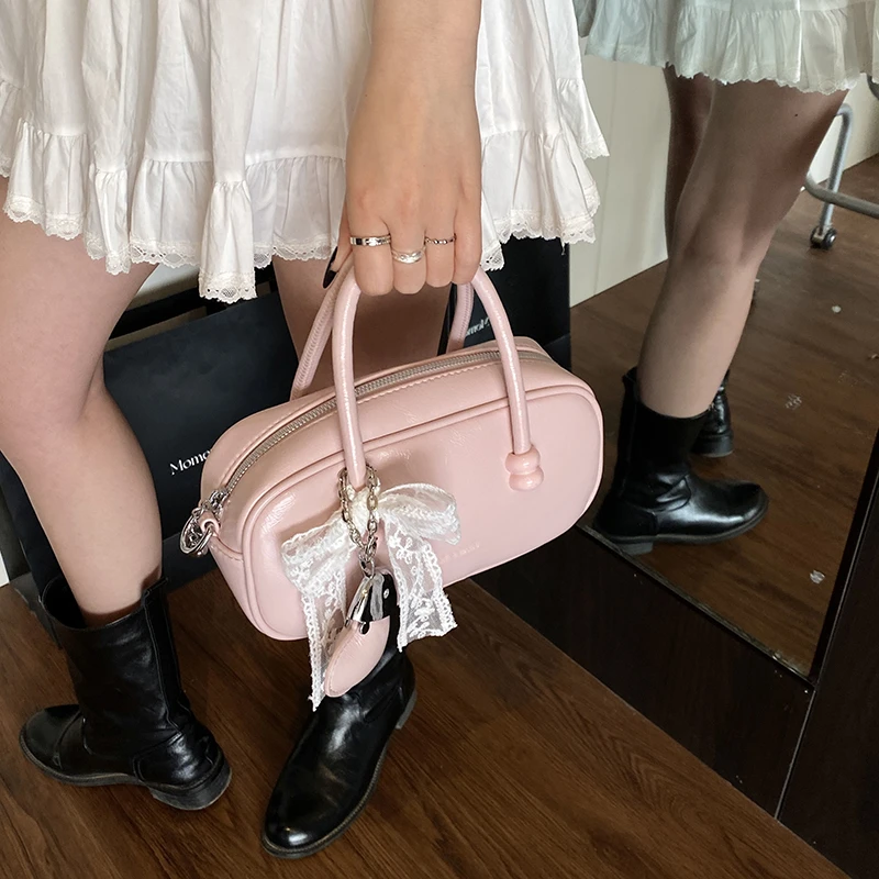 【T谭小姐】高级感甜美蕾丝手提包女2025新时尚保龄球包百搭斜挎包