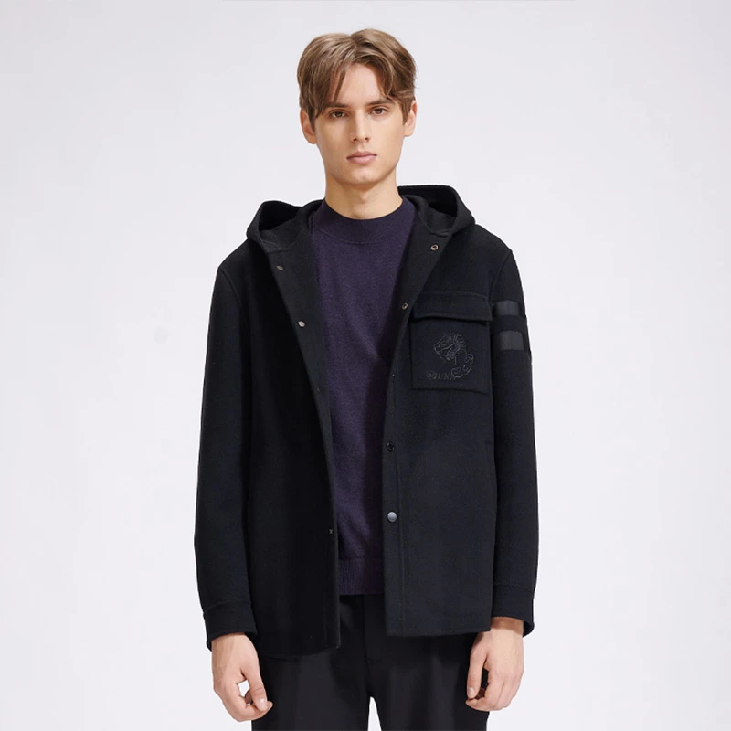 路卡迪龙【哥伦布面料】 纯色休闲连帽羊毛蚕丝中长款大衣155217307