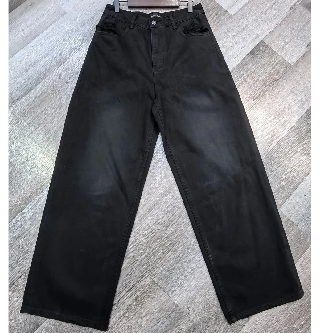 小胡子牛仔裤阔腿裤高腰简约设计师牛仔裤早春黑色阔腿裤春秋中性