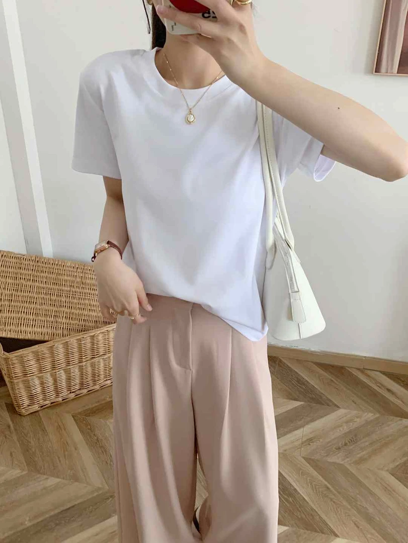 专柜款80S液氨短袖女T桖新款防晒短袖正肩宽松圆领短袖