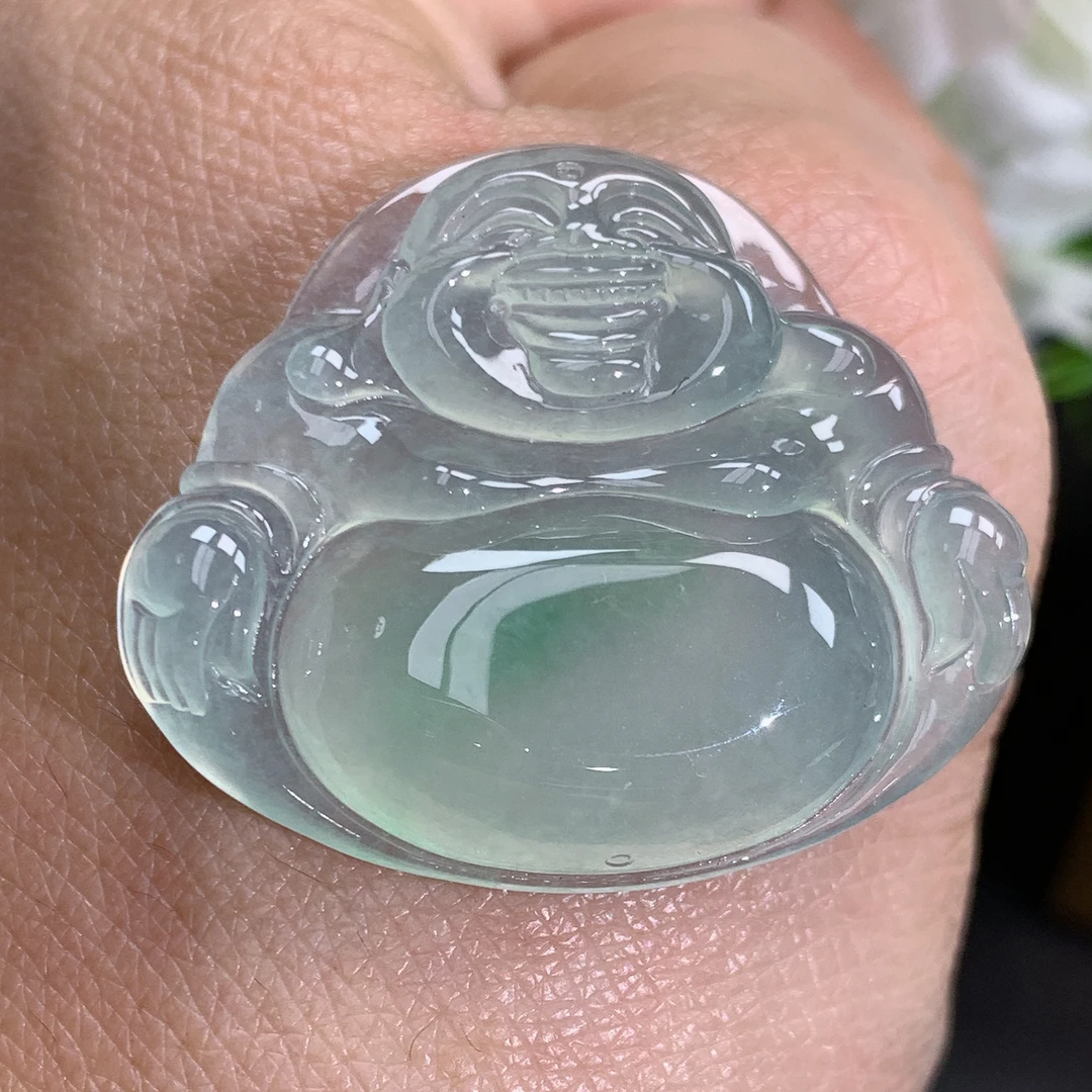 尺寸28.2×33.3×6.1缅甸天然翡翠A货高冰胶一刀切晴底佛公吊坠