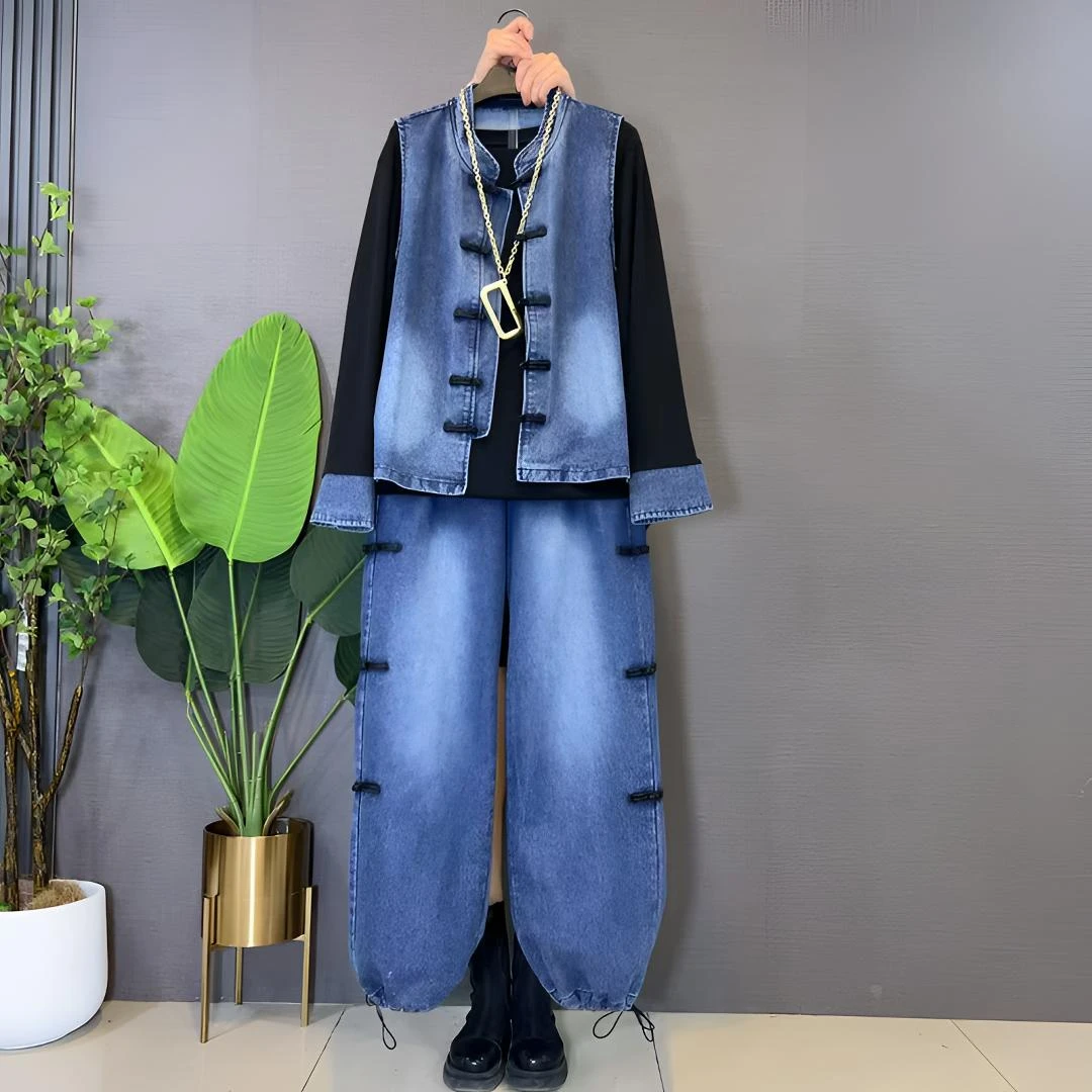 新中式牛仔马甲加肥大码女装胖MM盘扣裤子衬衫宽松三件套