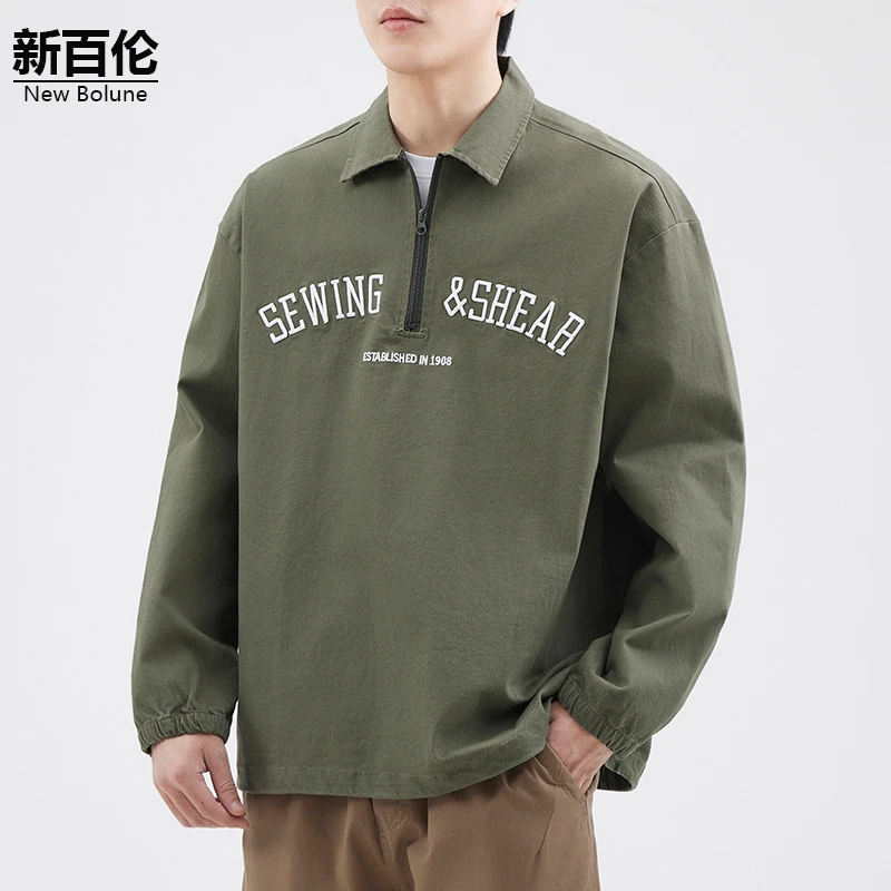 新百伦/NEW BOLUNE日系外套男秋季新款字母印花 Polo领宽松衬衫