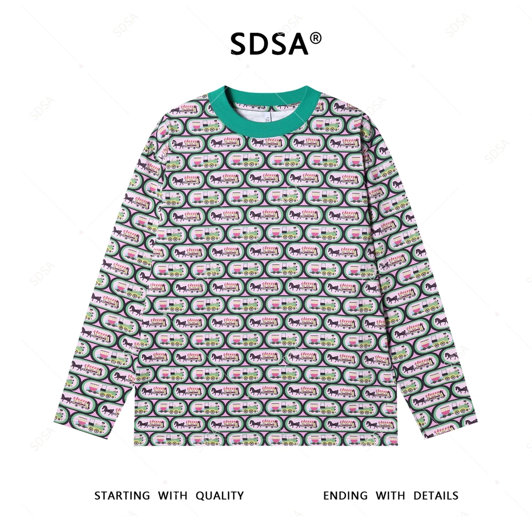 SDSA男士秋冬新款轻奢痞帅男装满印印花撞色圆领长袖T恤百搭时尚