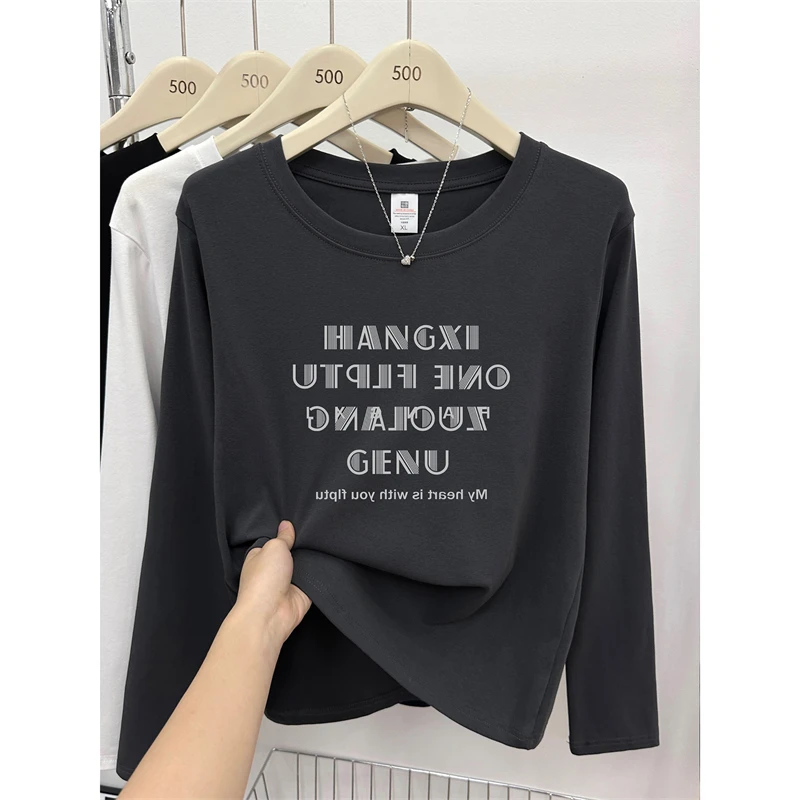 正肩长袖T恤女2025秋季字母印花胖mm遮肚大码休闲圆领打底衫上衣