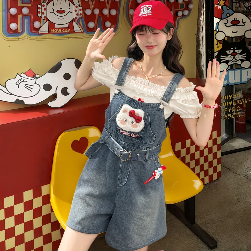 森女部落甜美原创卡通猫咪设计感直筒背带裤牛仔裤女2025初夏穿搭