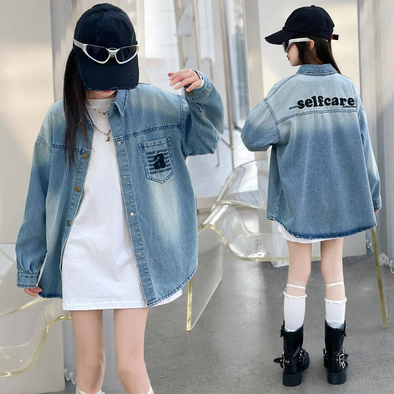 女童牛仔衬衫秋季2025新款儿童薄款衬衣外穿女孩大童早秋蓝色外套