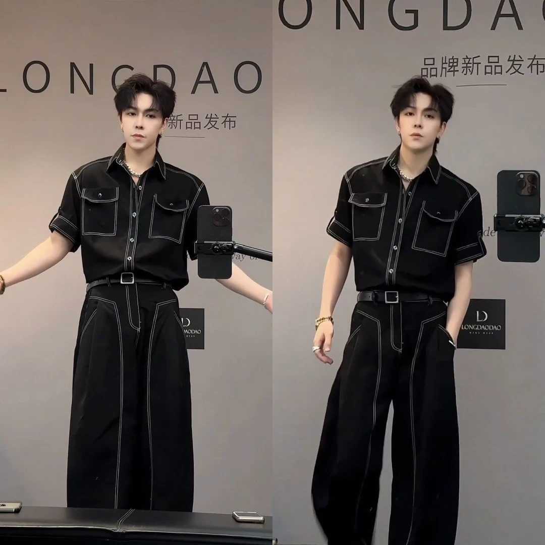 夏季休闲新款潮流复古套装明线设计工装宽松长裤时尚衬衫