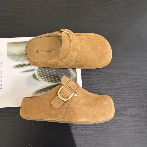 唯品专属一脚蹬平底休闲中跟圆头纯色单鞋软底时髦小姨风155