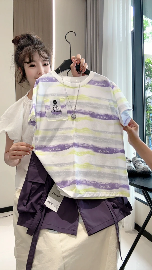 男童夏季套装2025年新款轻薄条纹背影休闲短袖套装百搭两件套