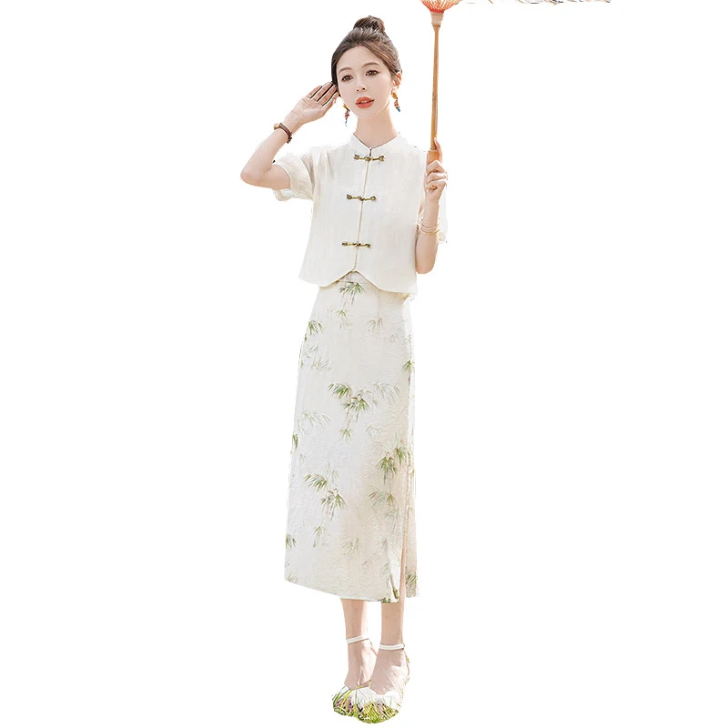 【欧若风】2025夏装新款女装盘扣上衣搭半裙两件套装S42B1347N