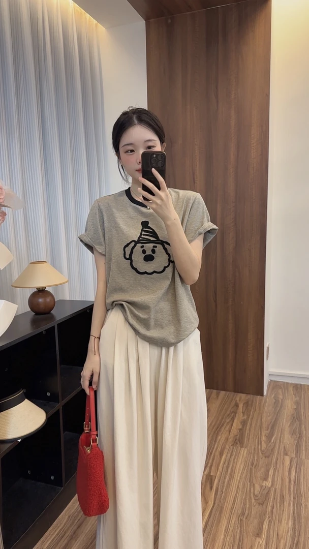 sweet c【大脸狗】2025正肩短袖T恤女毛绒刺绣夏季休闲百搭W623#