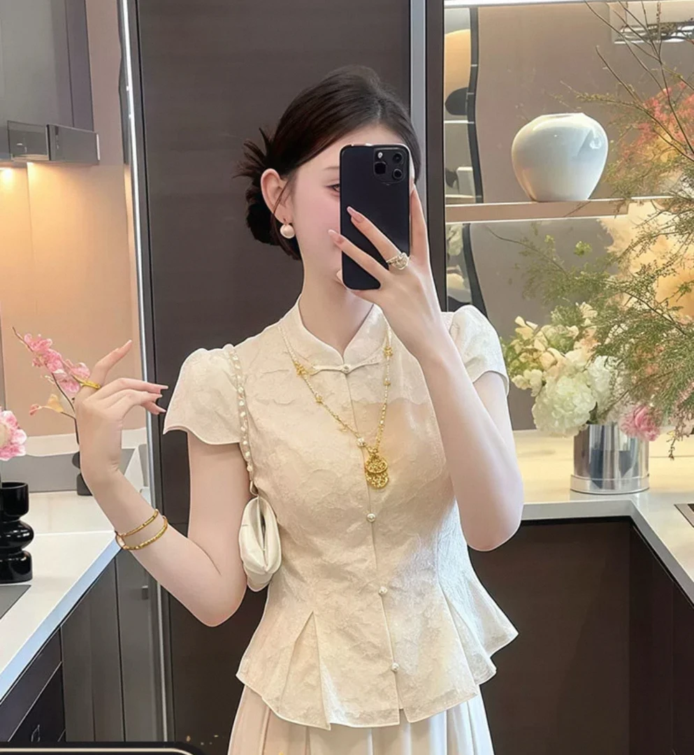 新中式国风禅意上衣女夏季松弛感重工亮片刺绣国风气质宽松显瘦