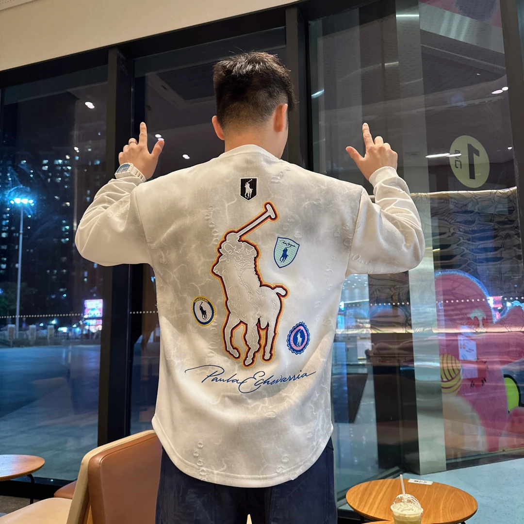 探戈精品【刺绣磨破战马卫衣】2025秋冬长袖国风潮流百搭刺绣男t恤