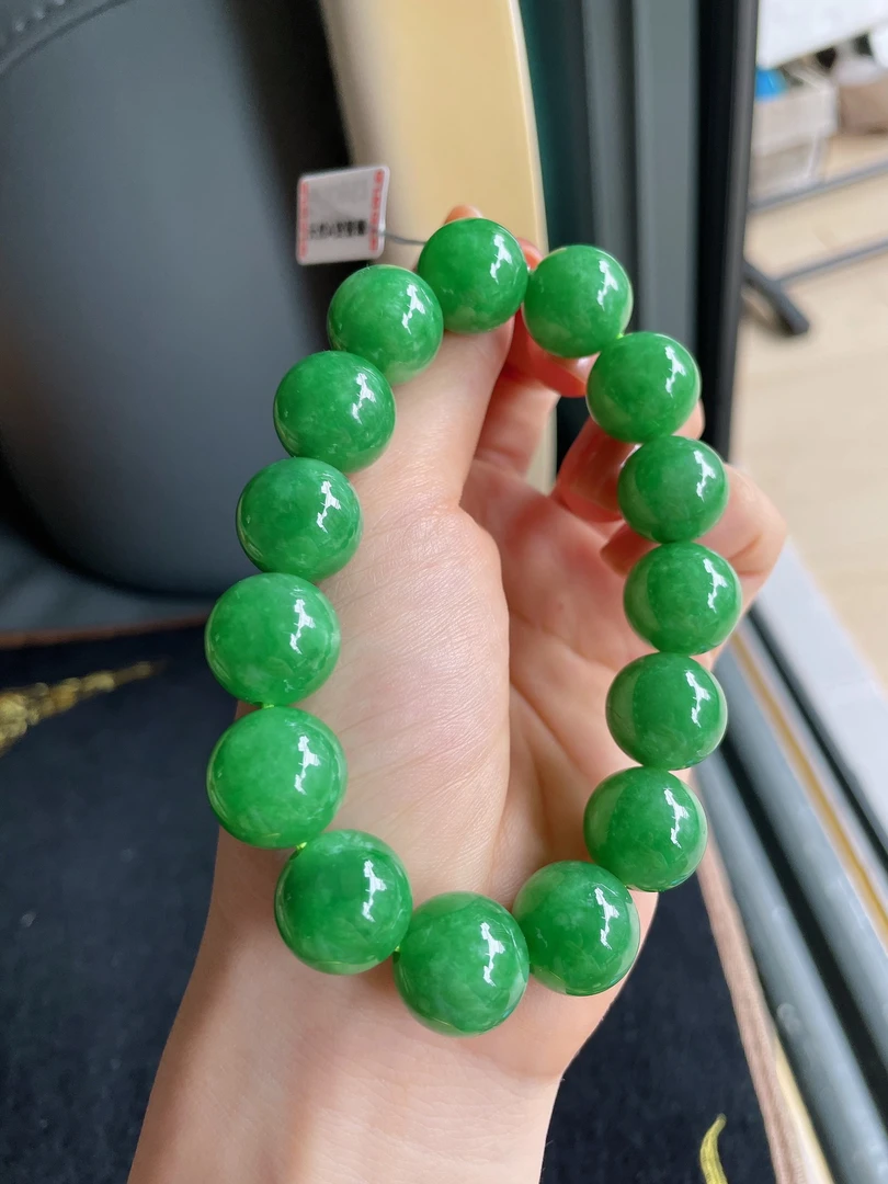 天然翡翠A货冰润满绿满色阳绿绿色大颗圆珠手串手链卡14.8mm-2528
