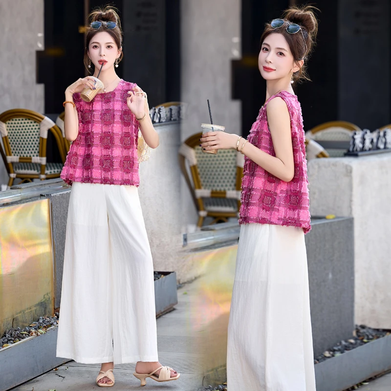 法式小香风格子马甲套装女2025年夏季新款设计感宽松阔腿裤两件套
